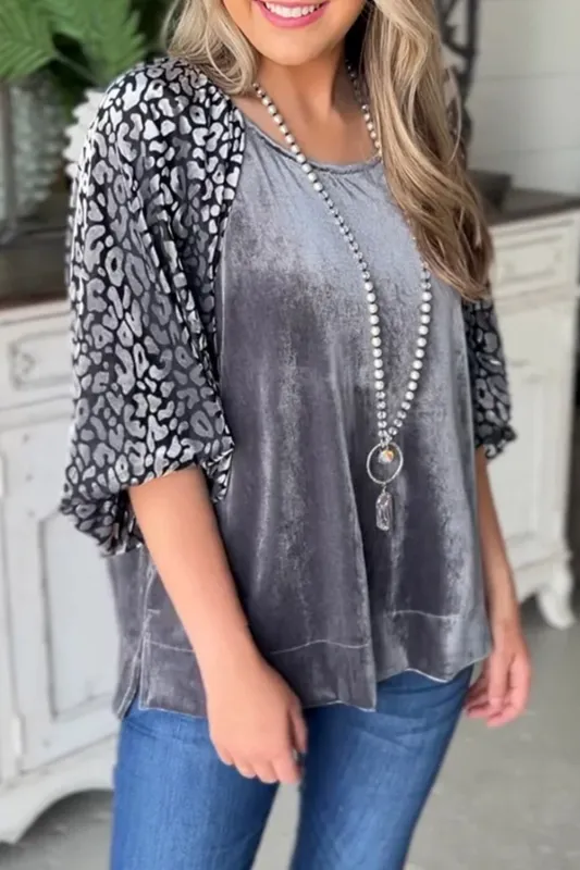 Medium Grey Leopard Splicing Lantern Sleeve Velvet Blouse sold by Beagle Boutique