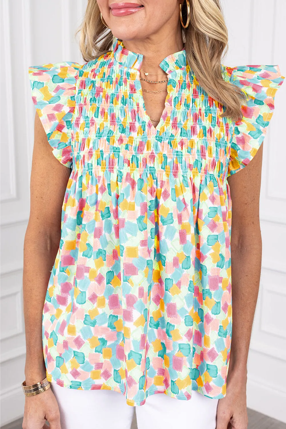 Pink Shirred Yoke Ruffled Abstract Printed Blouse sold by Beagle Boutique product image thumbnail 4