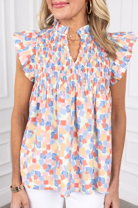Pink Shirred Yoke Ruffled Abstract Printed Blouse sold by Beagle Boutique