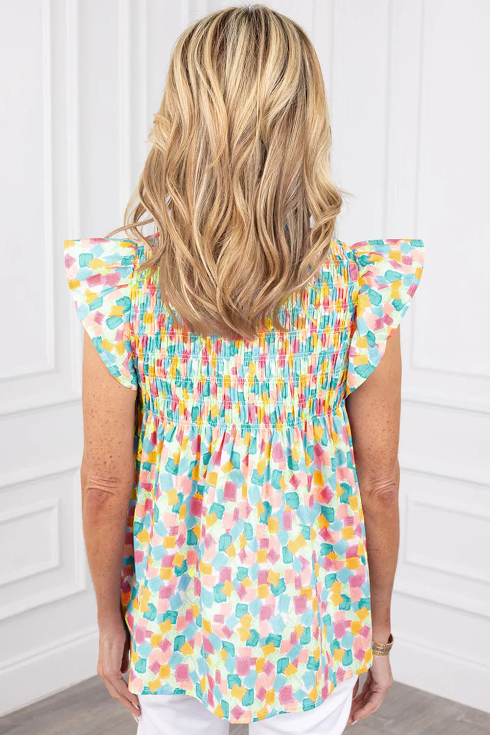 Pink Shirred Yoke Ruffled Abstract Printed Blouse sold by Beagle Boutique product image thumbnail 5