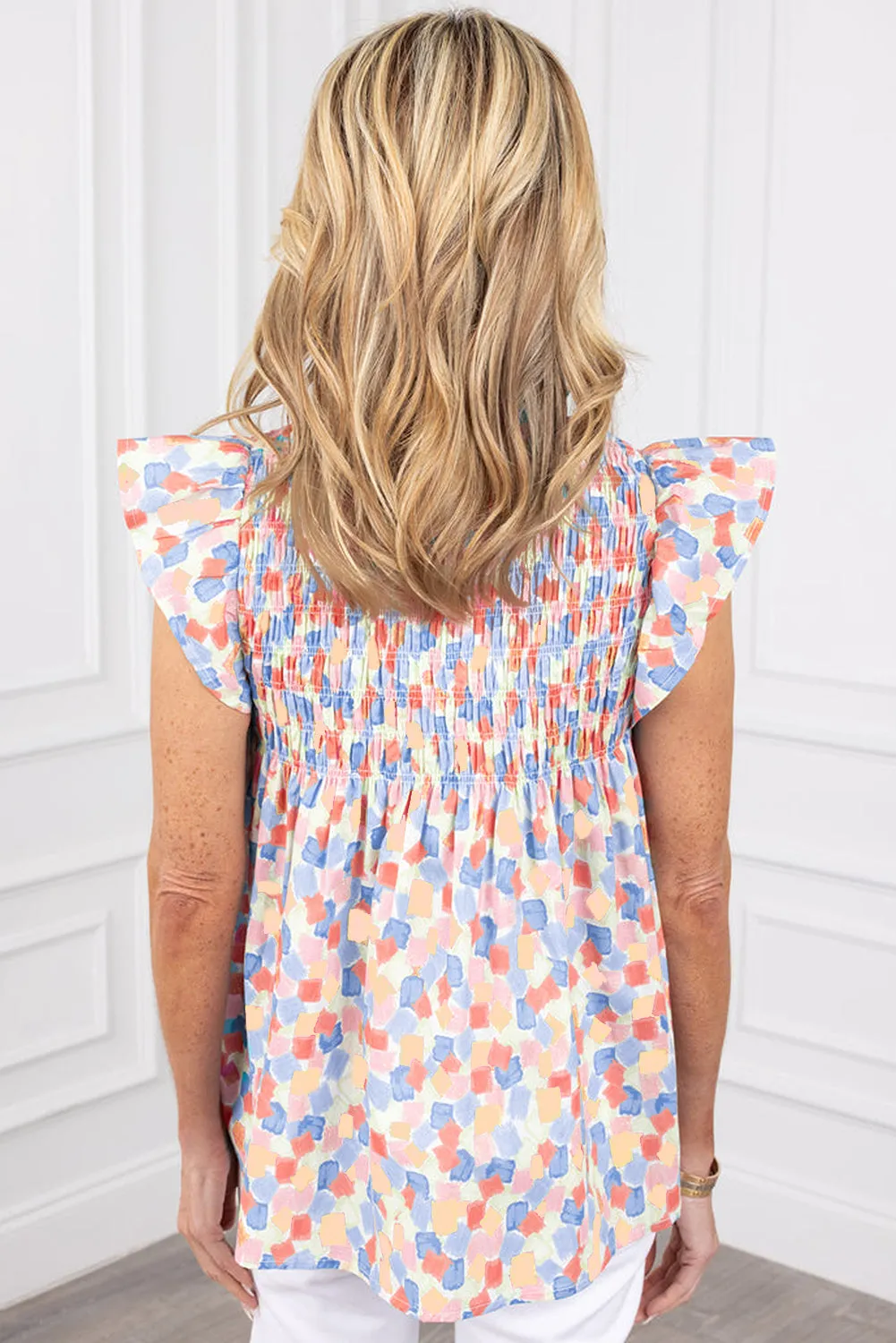 Pink Shirred Yoke Ruffled Abstract Printed Blouse sold by Beagle Boutique product image thumbnail 2