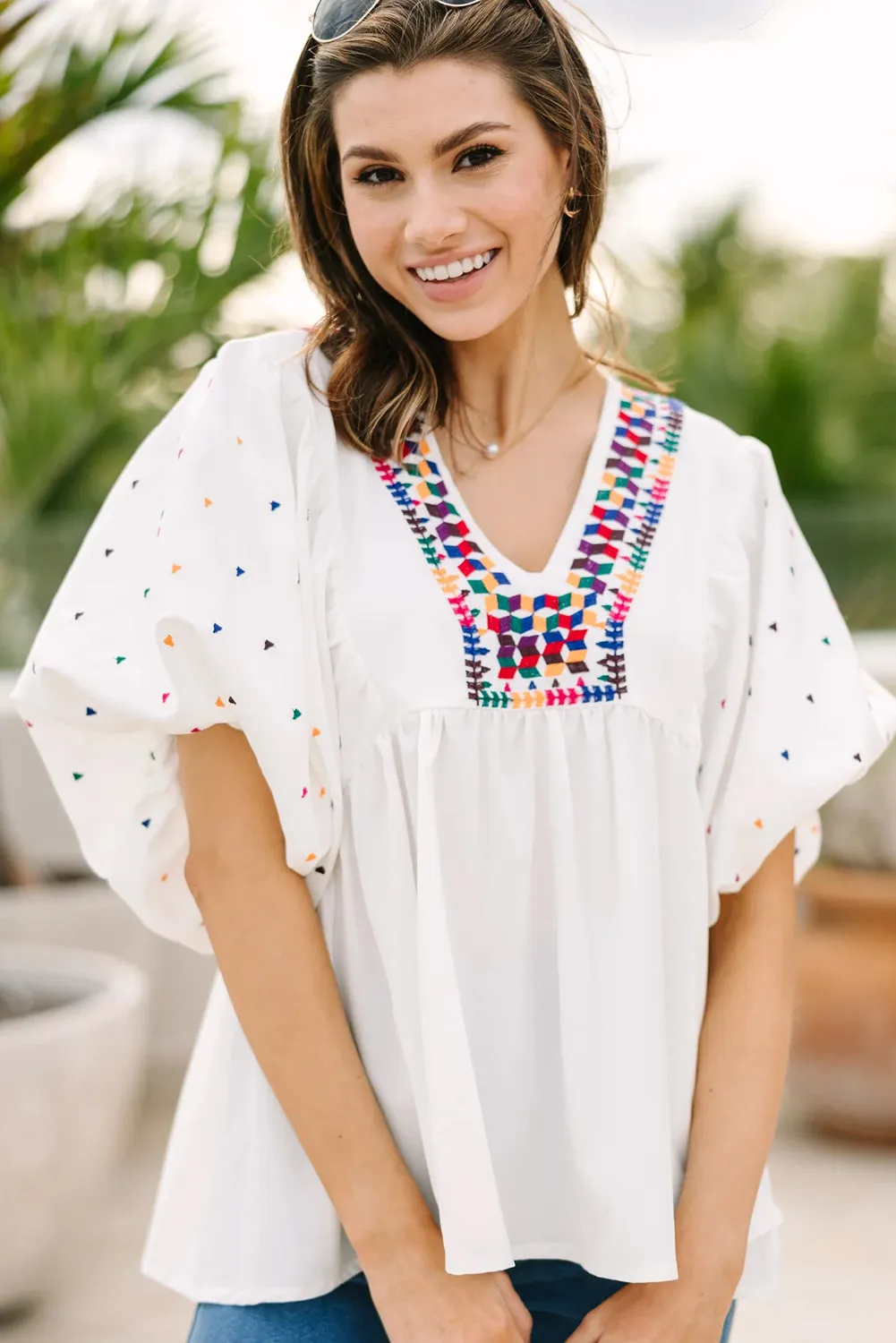 White Embroidered Puff Sleeve V Neck Blouse sold by Beagle Boutique product image thumbnail 3