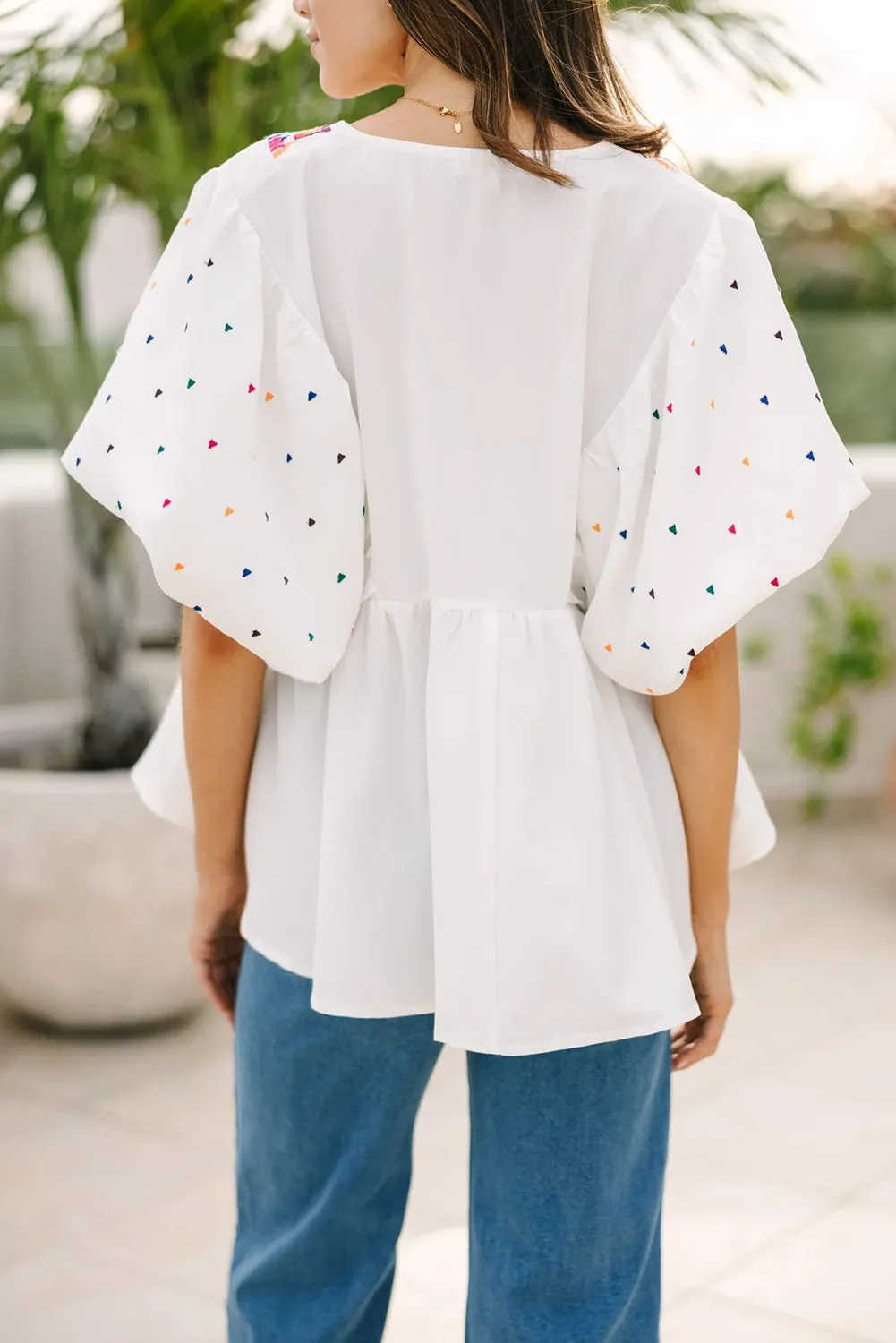 White Embroidered Puff Sleeve V Neck Blouse sold by Beagle Boutique product image thumbnail 2