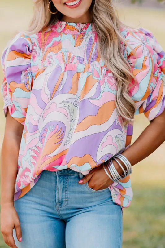 Pink Abstract Print Bubble Sleeve Smock Detail Blouse sold by Beagle Boutique