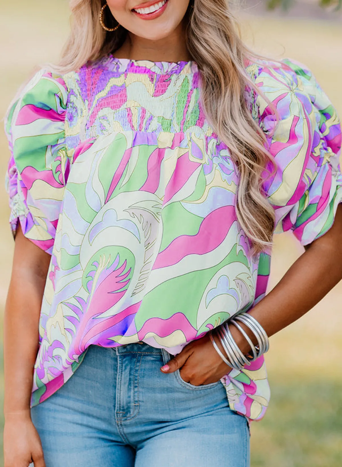 Pink Abstract Print Bubble Sleeve Smock Detail Blouse sold by Beagle Boutique product image thumbnail 4