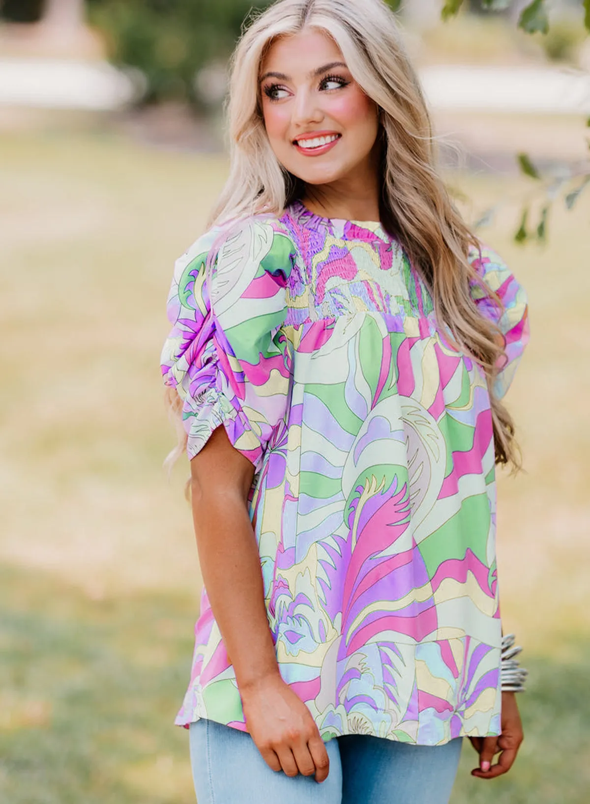 Pink Abstract Print Bubble Sleeve Smock Detail Blouse sold by Beagle Boutique product image thumbnail 5