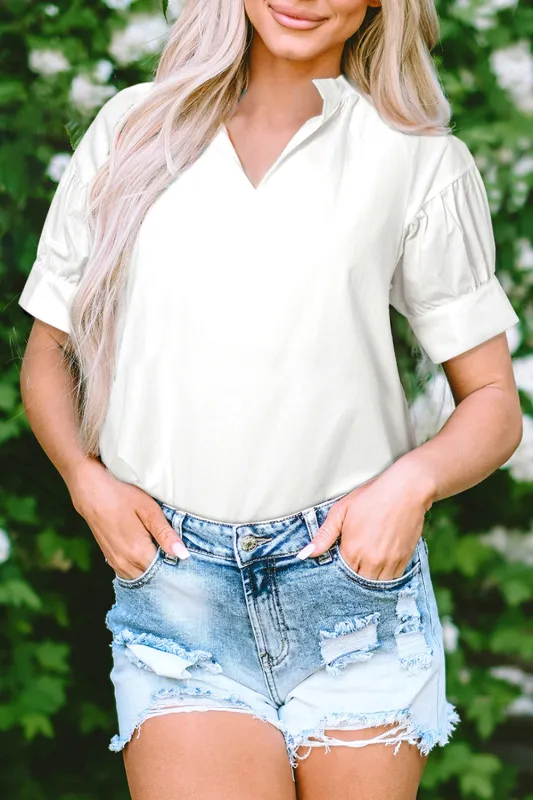 White Solid Colour Ruched Bubble Sleeve V Neck Blouse sold by Beagle Boutique