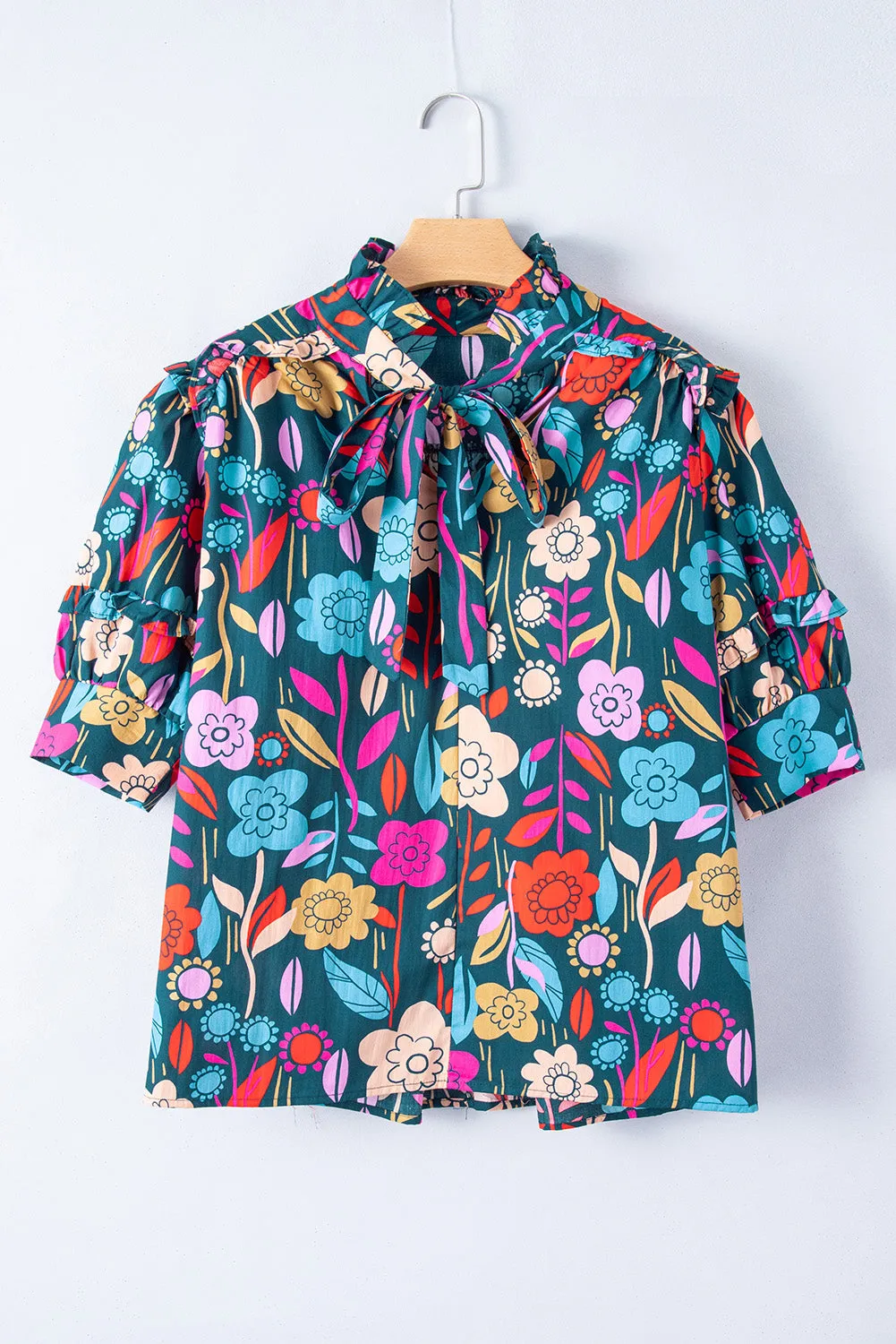 Green Floral Print Puff Sleeve Tied V Neck Blouse sold by Beagle Boutique product image thumbnail 3