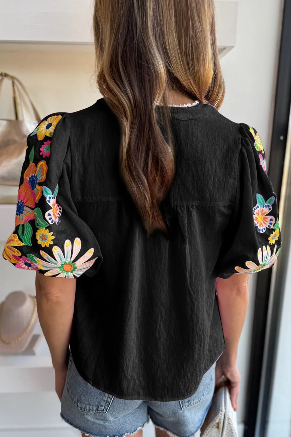 Pink Floral Embroidered Puff Sleeve Split Neck Blouse sold by Beagle Boutique product image thumbnail 5