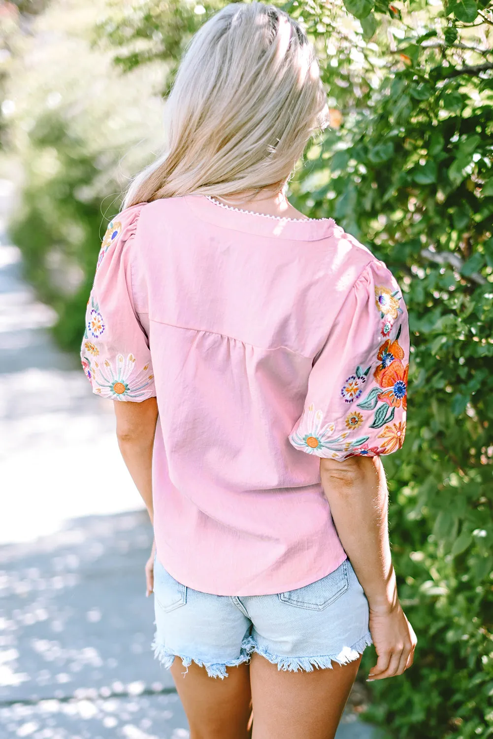 Pink Floral Embroidered Puff Sleeve Split Neck Blouse sold by Beagle Boutique product image thumbnail 2