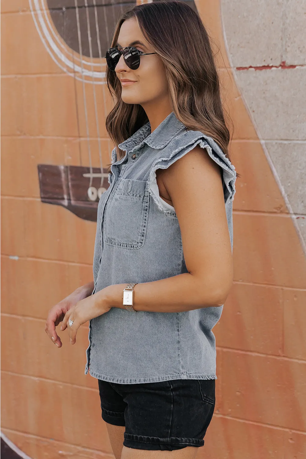 Beau Blue Frayed Ruffle Sleeve Denim Shirt sold by Beagle Boutique product image thumbnail 3
