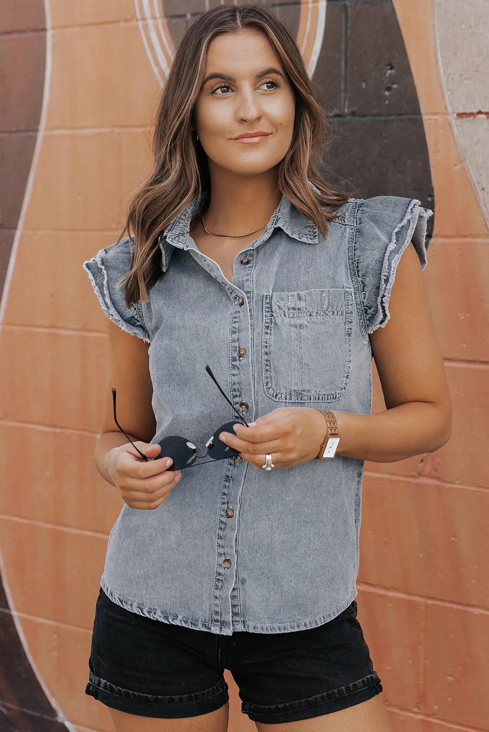 Beau Blue Frayed Ruffle Sleeve Denim Shirt sold by Beagle Boutique