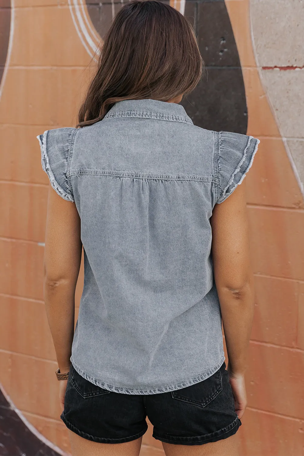 Beau Blue Frayed Ruffle Sleeve Denim Shirt sold by Beagle Boutique product image thumbnail 2