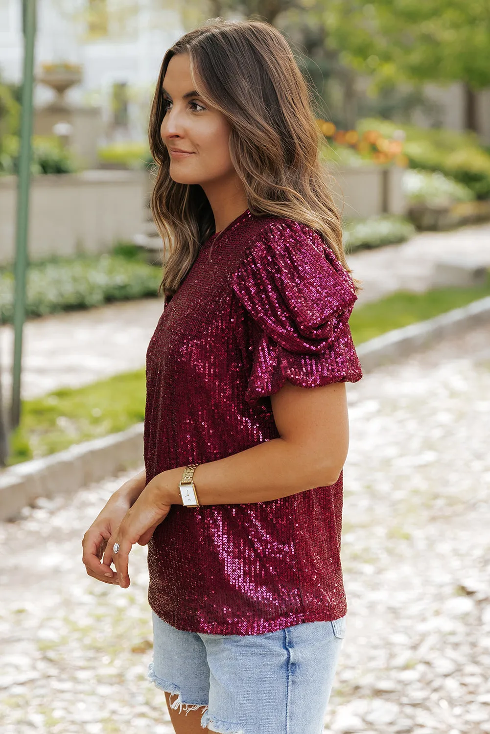 Burgundy Glittering Sequin Short Bubble Sleeve Blouse sold by Beagle Boutique product image thumbnail 3