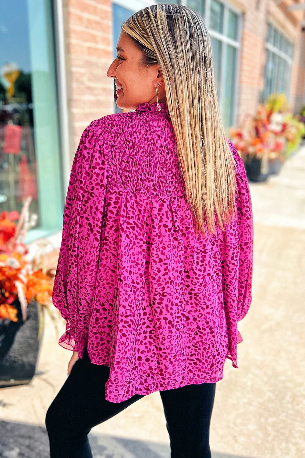 Rose Leopard Shirred Puff Sleeve Flowy Blouse sold by Beagle Boutique product image thumbnail 2