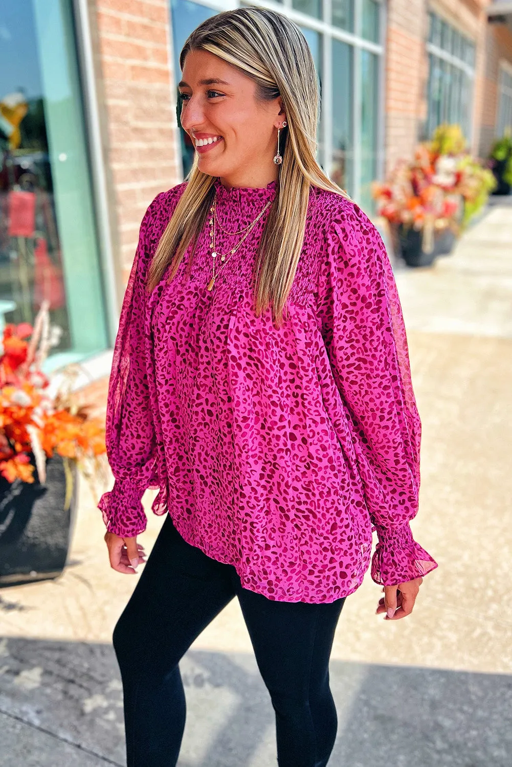 Rose Leopard Shirred Puff Sleeve Flowy Blouse sold by Beagle Boutique product image thumbnail 3