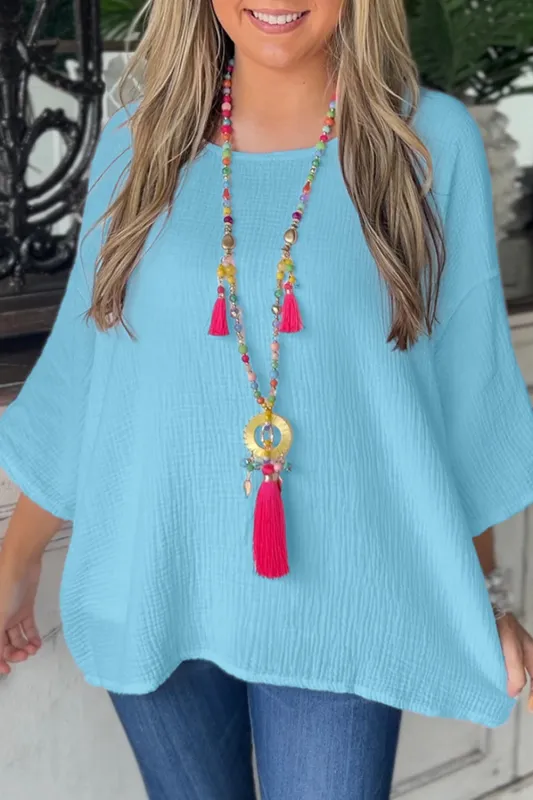 Aruba Blue Crinkled Bracelet Sleeve Flowy Blouse sold by Beagle Boutique