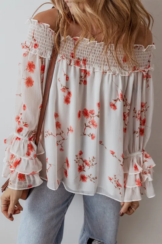 White Floral Print Shirred Off Shoulder Ruffled Sleeve Blouse sold by Beagle Boutique