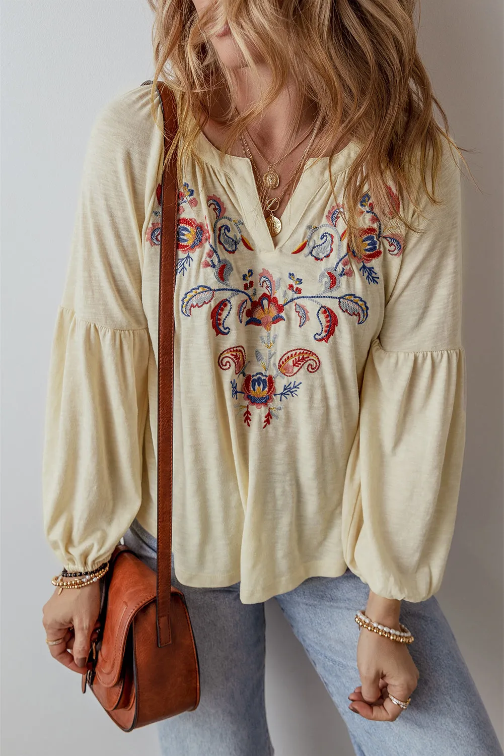 Beige Paisley Floral Embroidered Notch V Neck Blouse sold by Beagle Boutique
