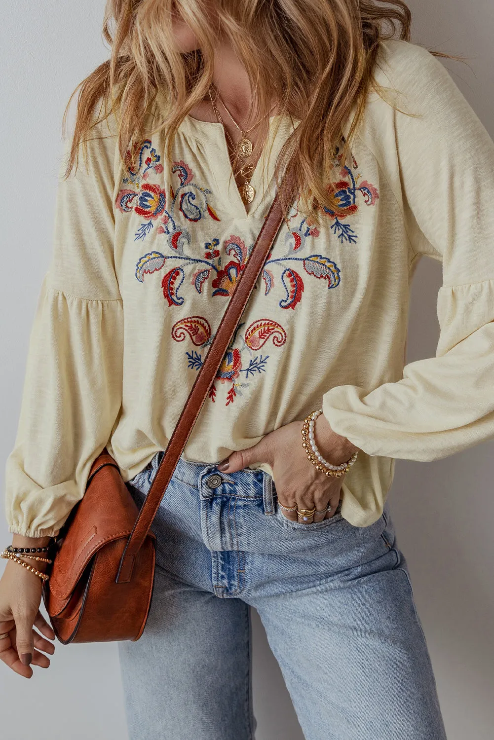 Beige Paisley Floral Embroidered Notch V Neck Blouse sold by Beagle Boutique product image thumbnail 3
