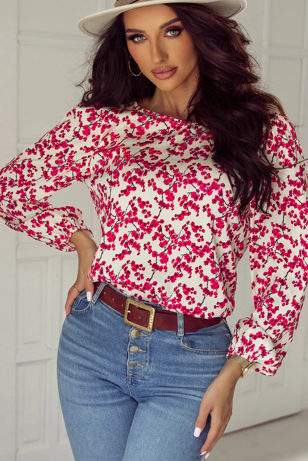 Red Floral Print Long Sleeve Open Back Blouse sold by Beagle Boutique