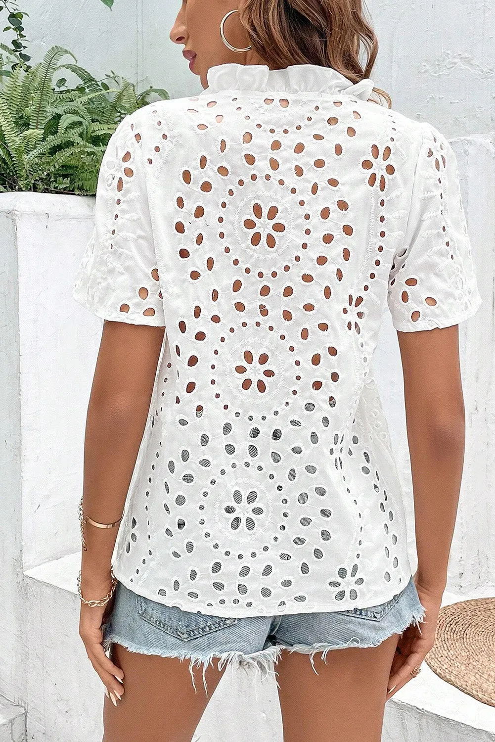 White Geometric Embroidery Hollow Out Blouse sold by Beagle Boutique product image thumbnail 2