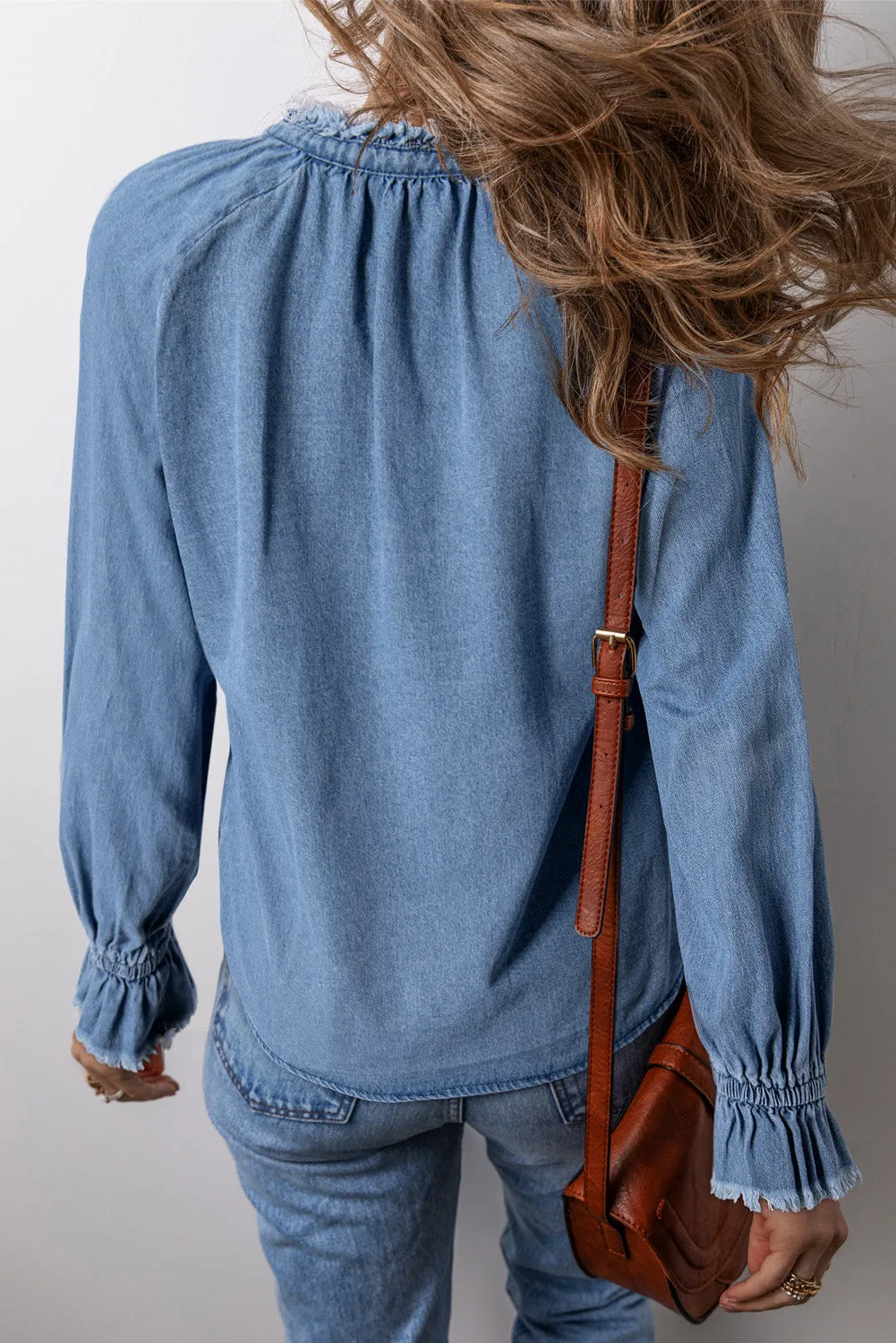 Sky Blue Frilled Raw Hem Half Buttoned Denim Top sold by Beagle Boutique product image thumbnail 2