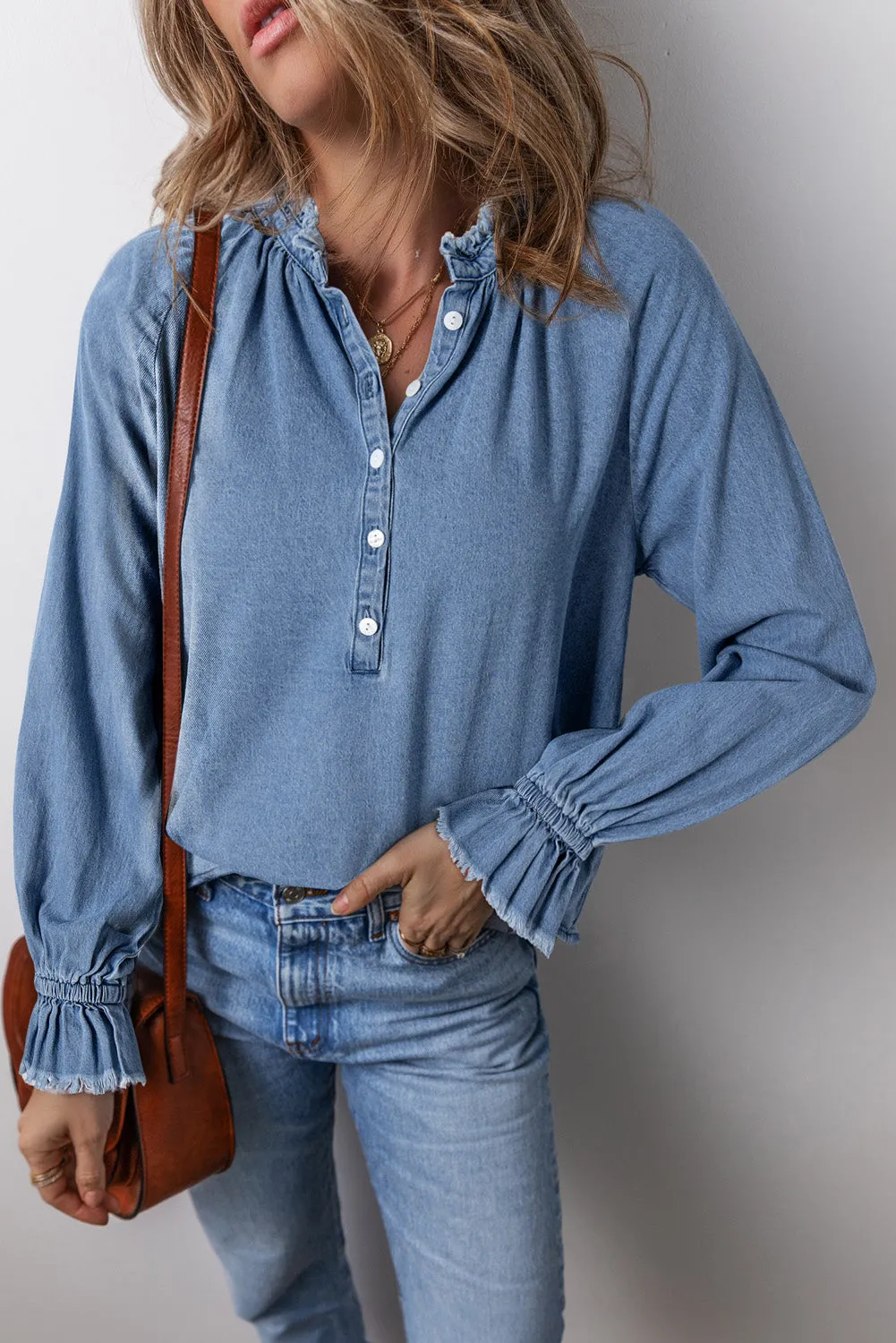 Sky Blue Frilled Raw Hem Half Buttoned Denim Top sold by Beagle Boutique product image thumbnail 3