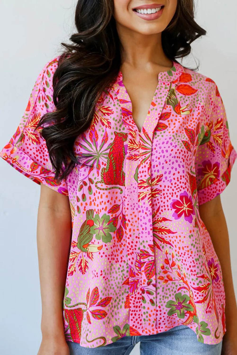 Rose Jungle Floral Print Notch V Neck Blouse sold by Beagle Boutique
