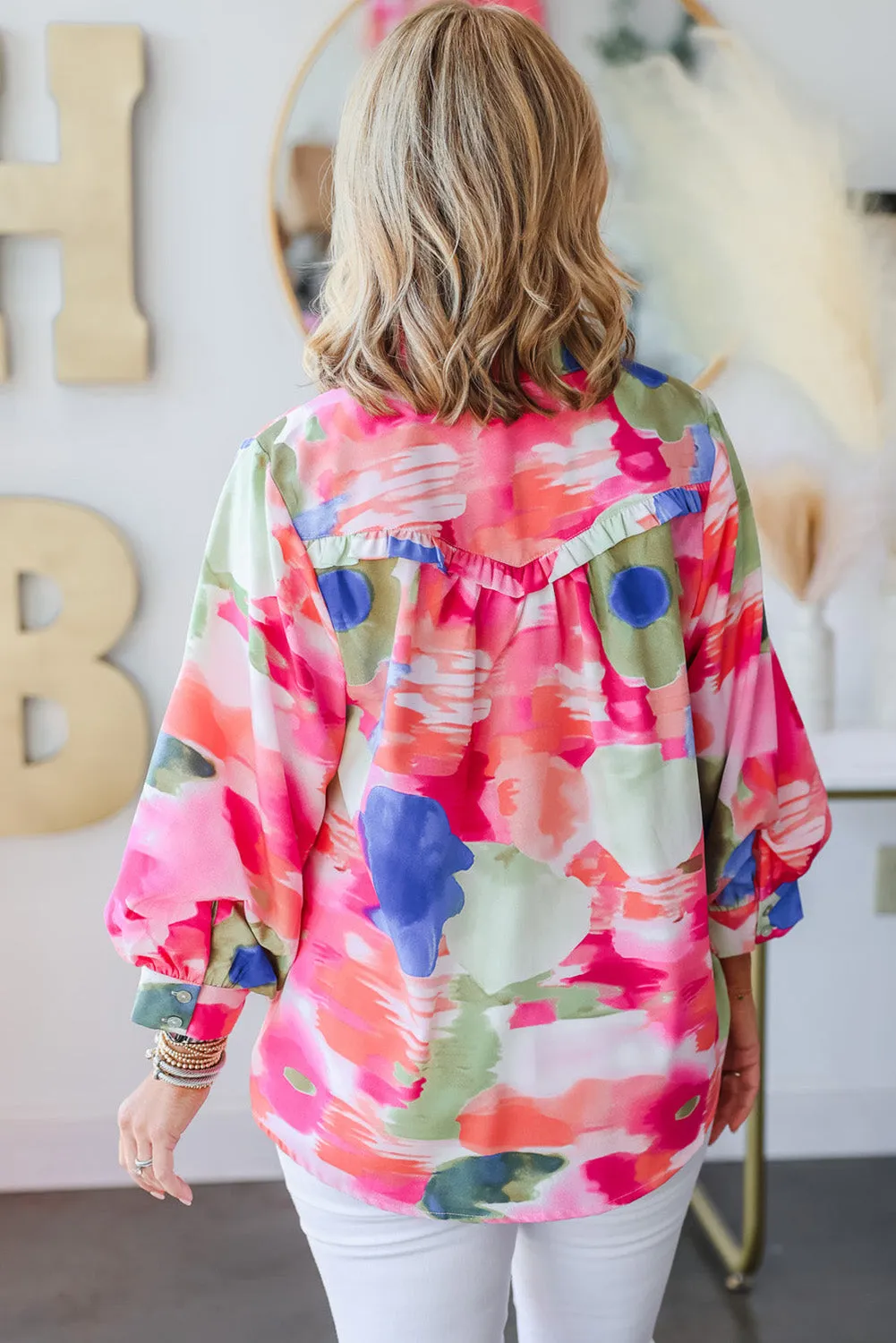 Multicolour Abstract Printed Lantern Sleeve Frilled Button Front Collared Shirt sold by Beagle Boutique product image thumbnail 2