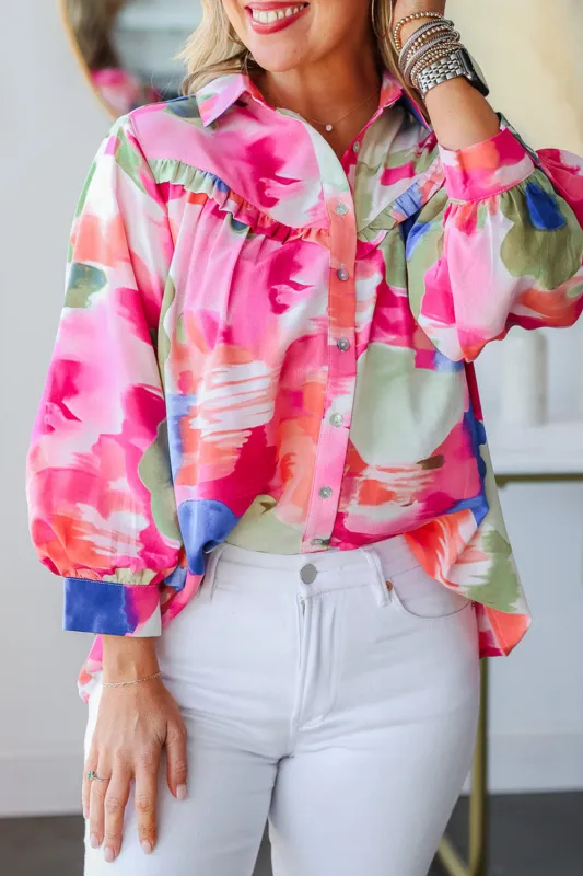 Multicolour Abstract Printed Lantern Sleeve Frilled Button Front Collared Shirt sold by Beagle Boutique
