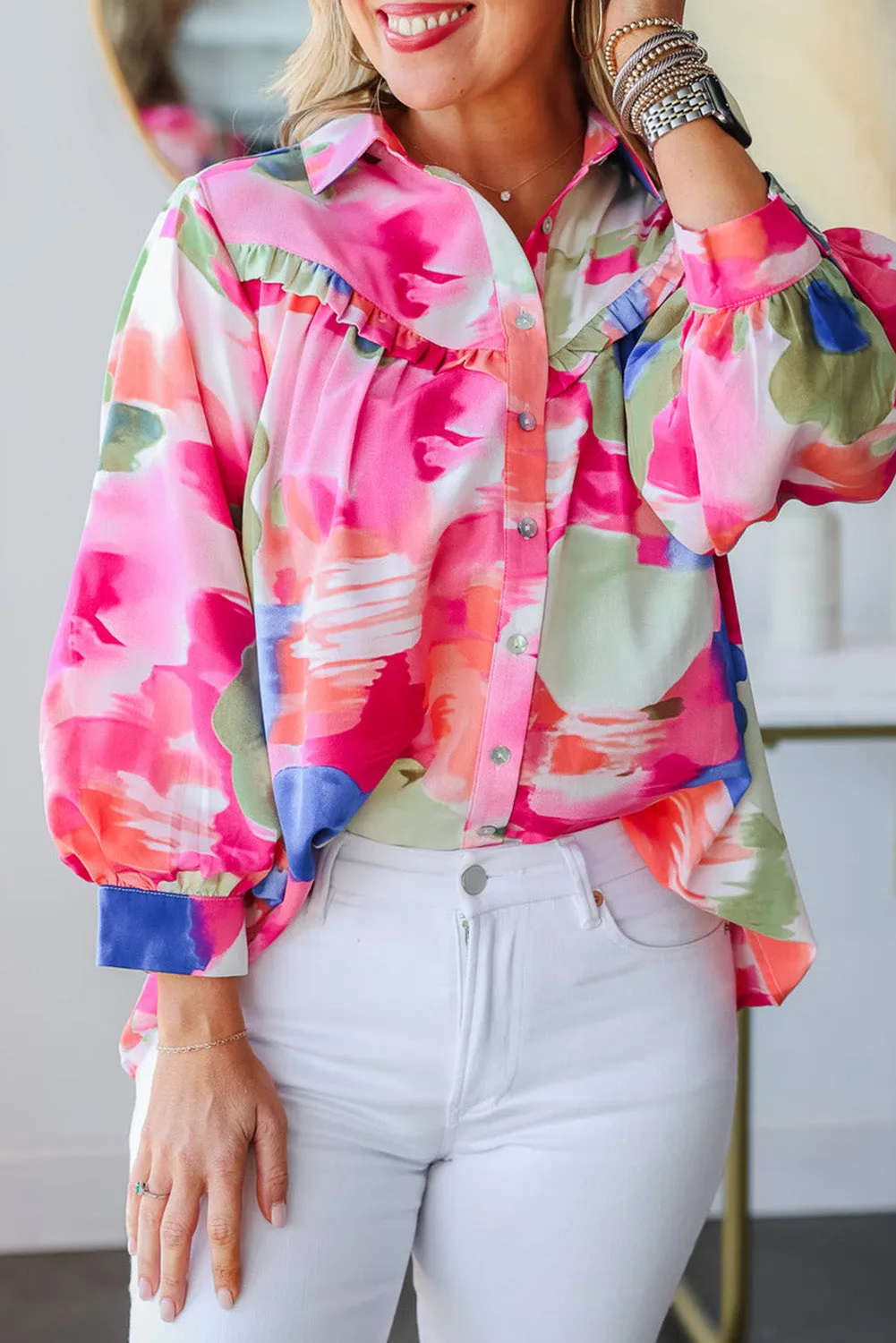 Multicolour Abstract Printed Lantern Sleeve Frilled Button Front Collared Shirt sold by Beagle Boutique
