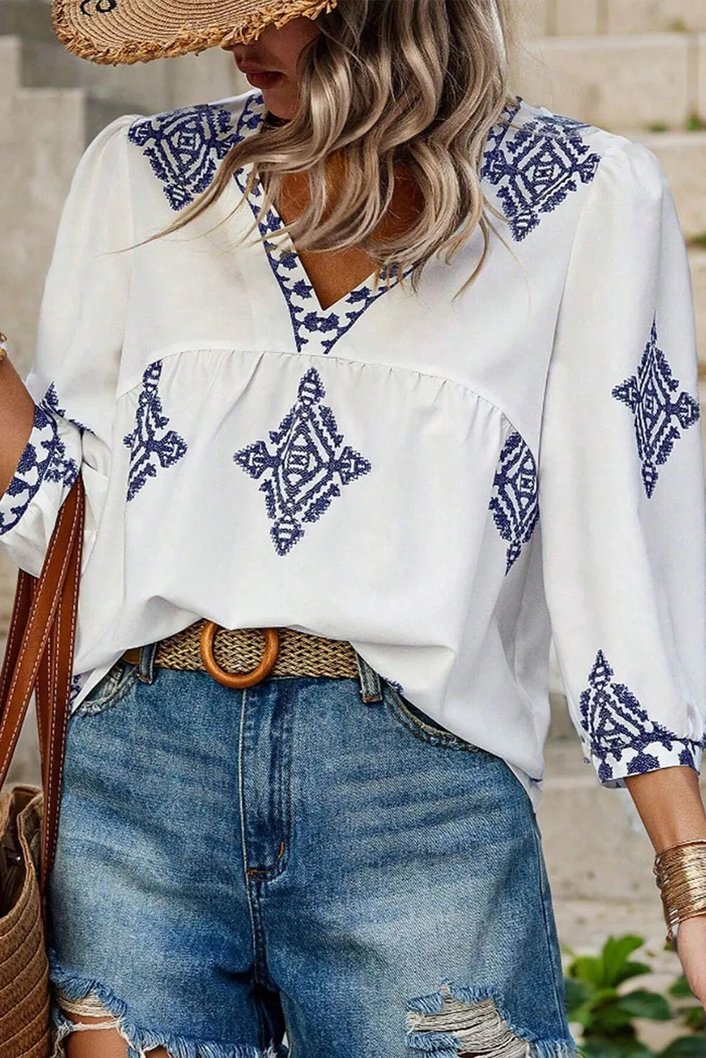 White Boho Geometric Print Bracelet Sleeve V Neck Blouse sold by Beagle Boutique product image thumbnail 3