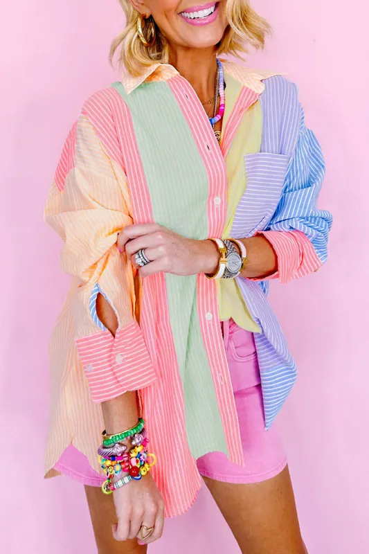 Pink Stripe Color Block Chest Pocket Oversized Shirt sold by Beagle Boutique