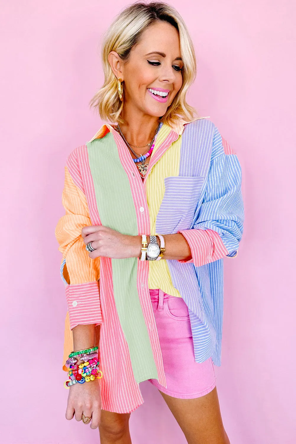 Pink Stripe Color Block Chest Pocket Oversized Shirt sold by Beagle Boutique product image thumbnail 2