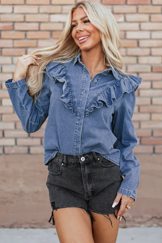 Dusk Blue Denim Ruffled Casual Top sold by Beagle Boutique