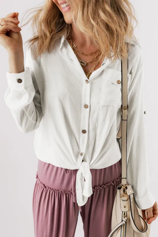 White Roll up Sleeve Knotted Casual Shirt sold by Beagle Boutique