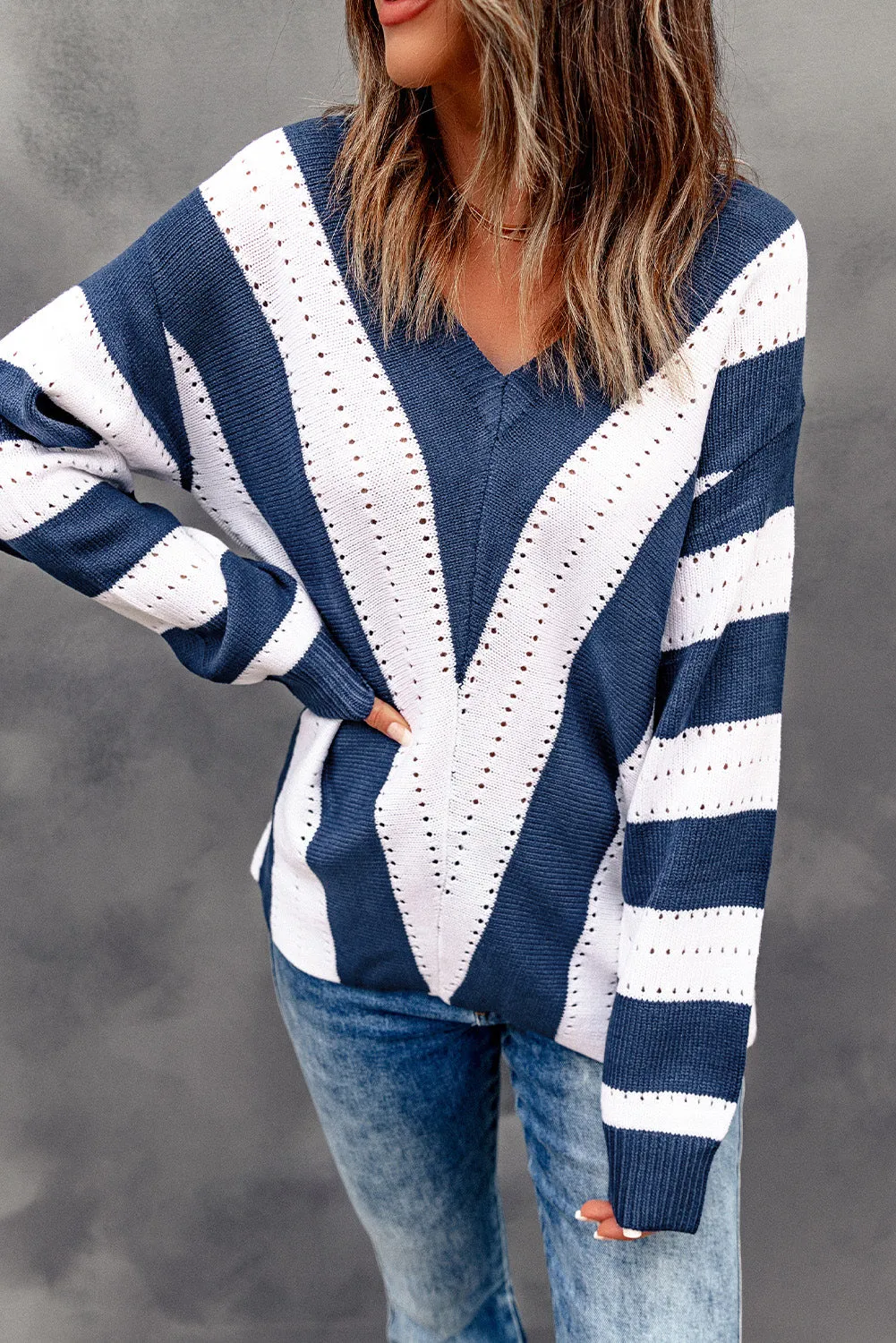 Blue Striped Colourblock V Neck Knitted Sweater sold by Beagle Boutique product image thumbnail 3