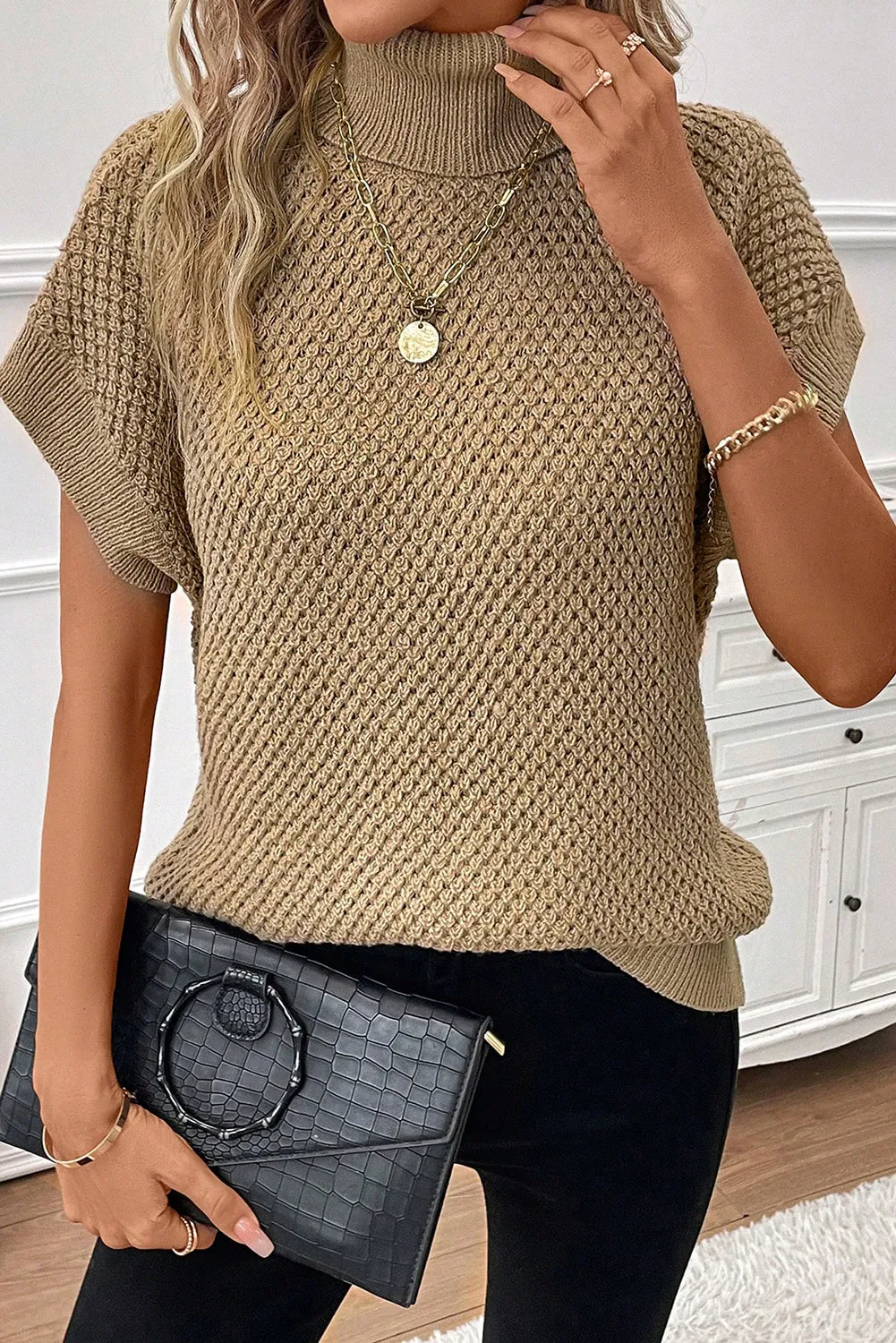Light Grey Turtleneck Textured Short Sleeve Sweater sold by Beagle Boutique product image thumbnail 4