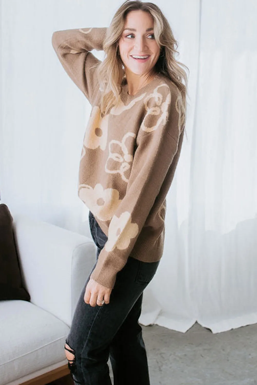 Camel Floral Drop Shoulder Ribbed Trim Sweater sold by Beagle Boutique product image thumbnail 3