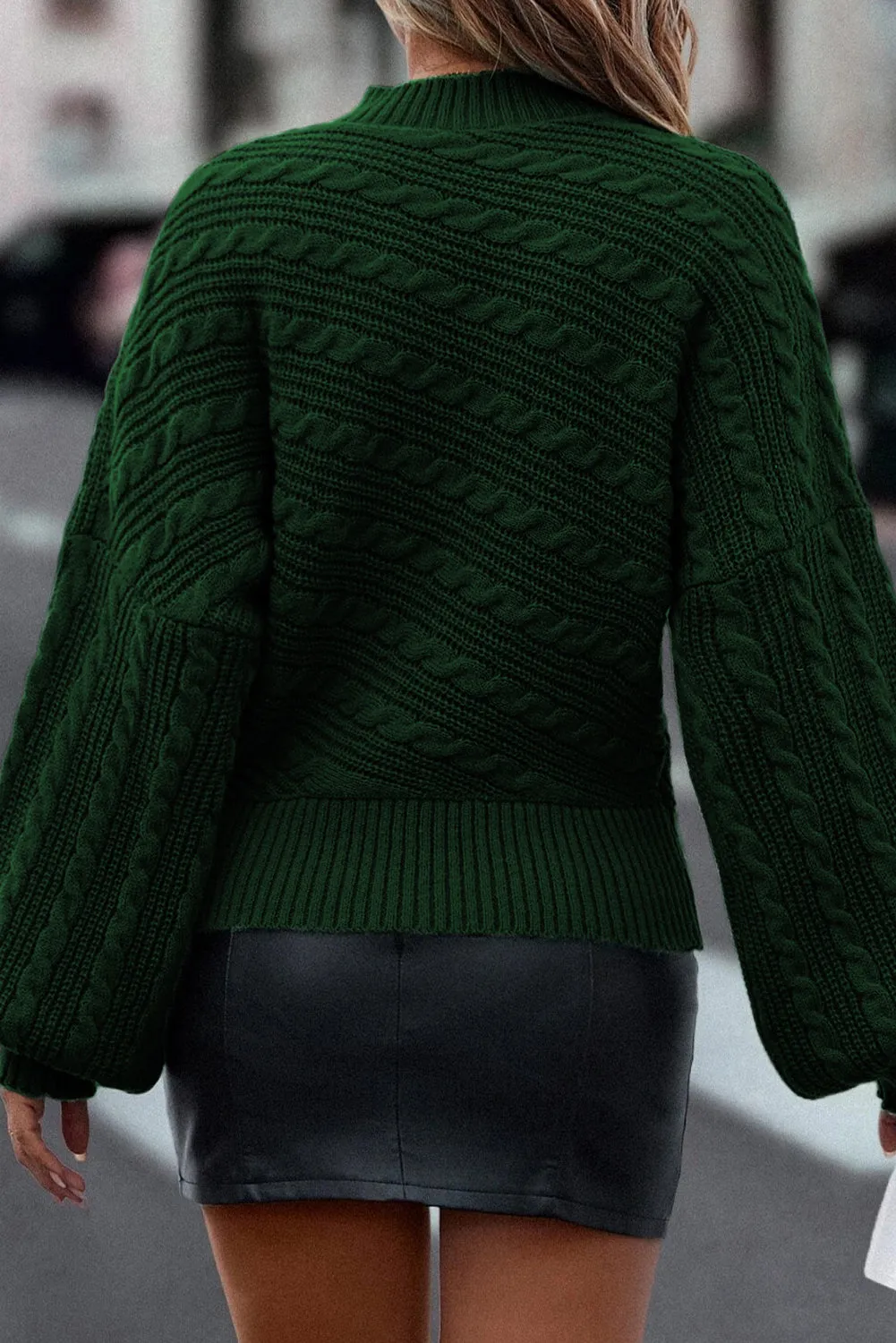 Blackish Green Mock Neck Lantern Sleeve Cable Knit Sweater sold by Beagle Boutique product image thumbnail 2