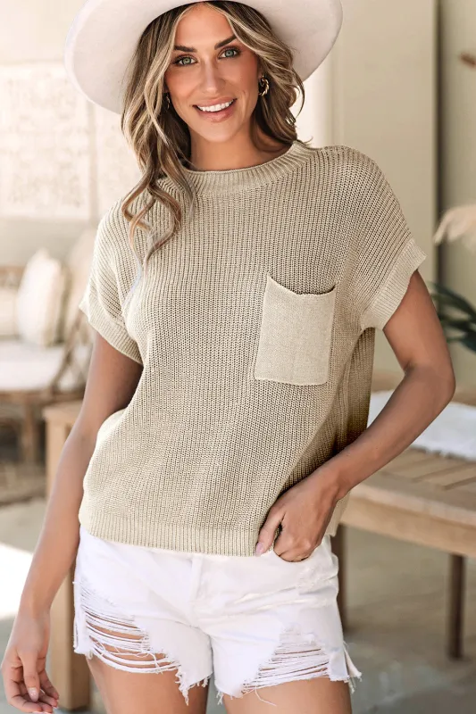Pale Khaki Patch Pocket Short Sleeve Sweater sold by Beagle Boutique