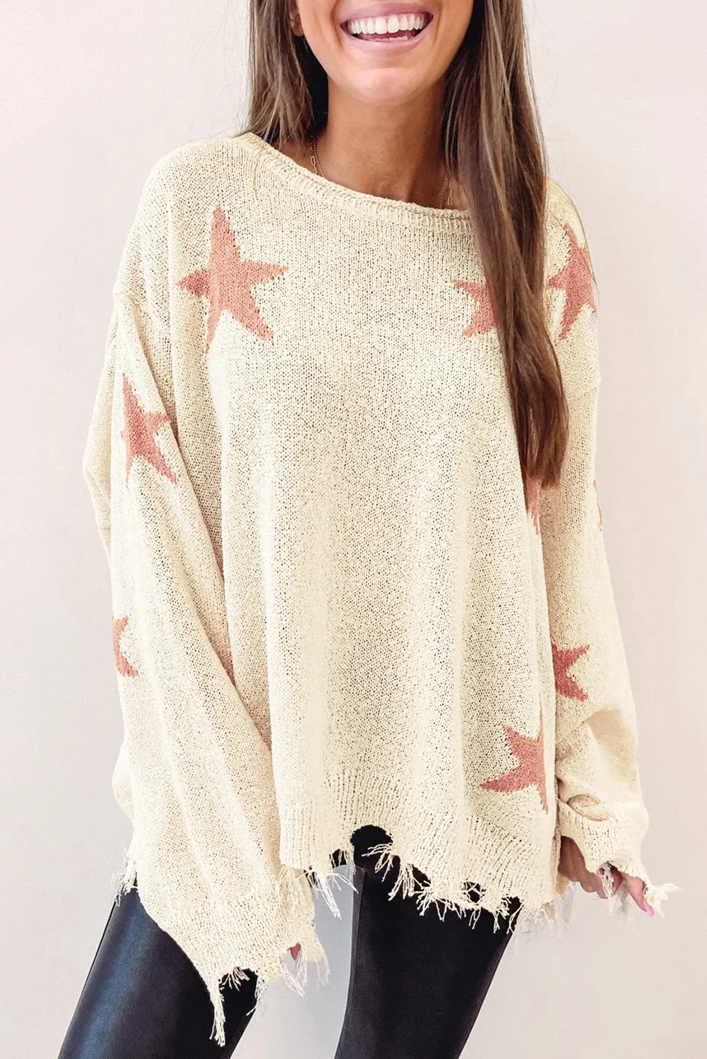 Beige Starry Long Sleeve Raw Hem Sweater sold by Beagle Boutique product image thumbnail 3