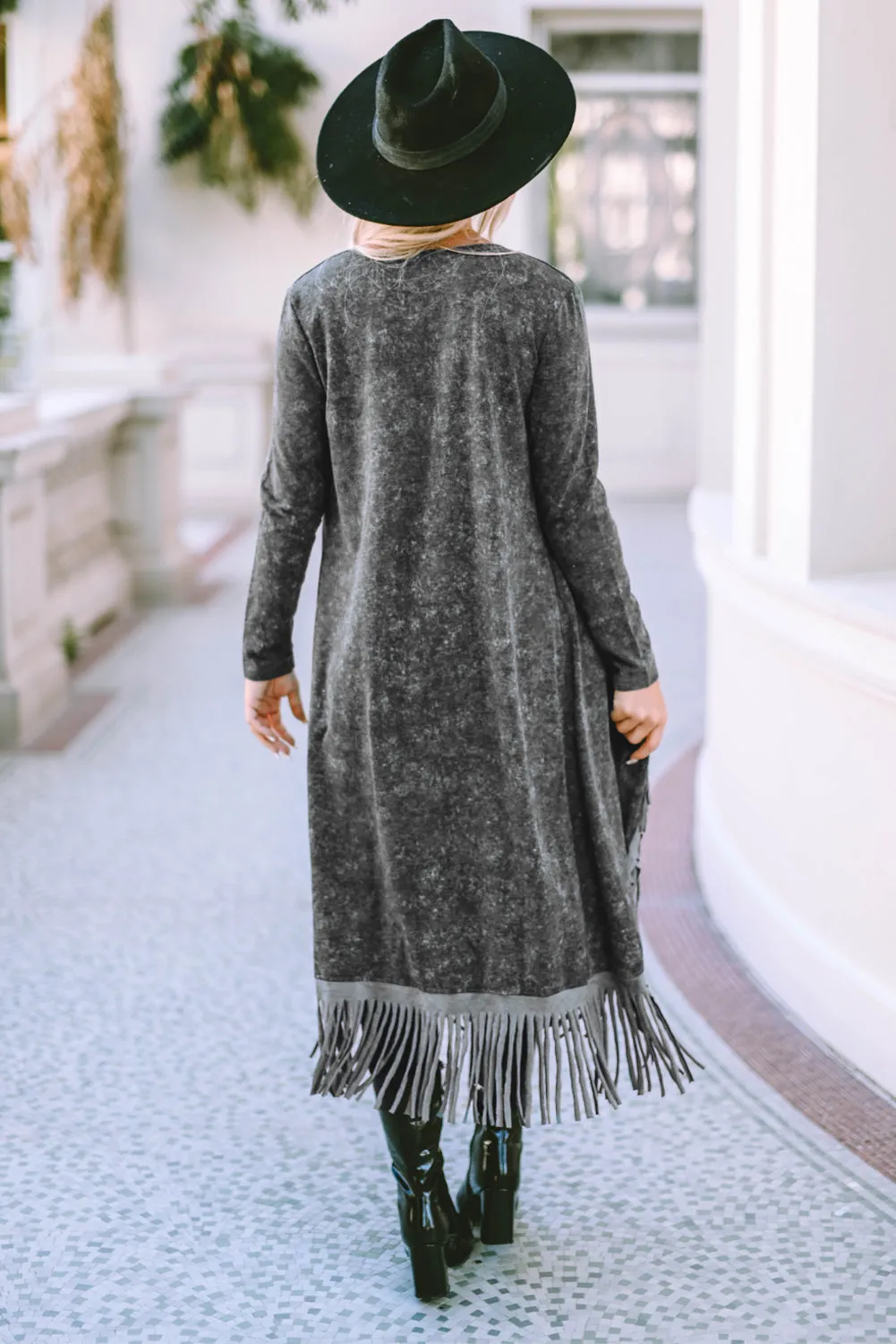 Black Fringed Hem Pocketed Open Cardigan sold by Beagle Boutique product image thumbnail 2