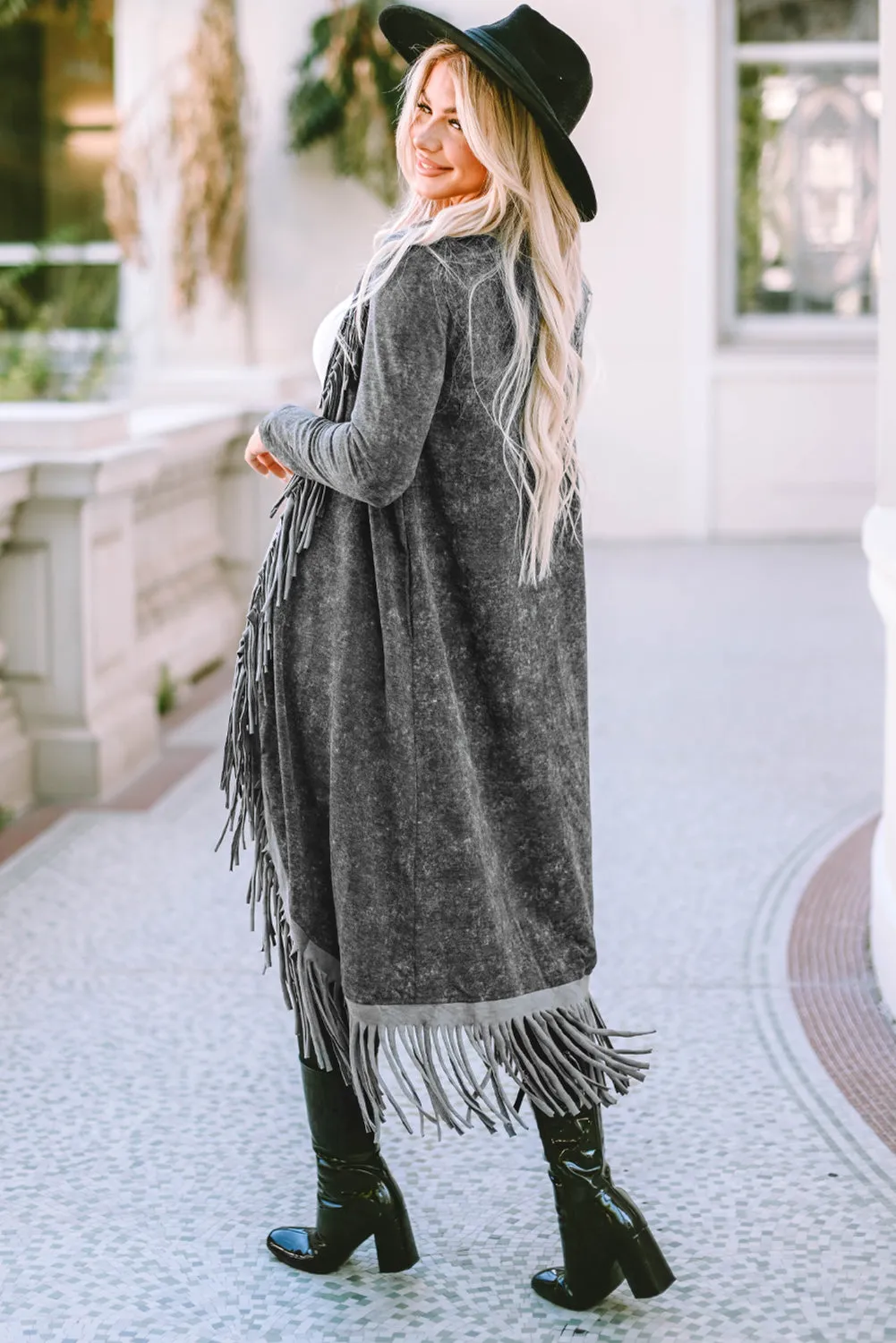 Black Fringed Hem Pocketed Open Cardigan sold by Beagle Boutique product image thumbnail 3