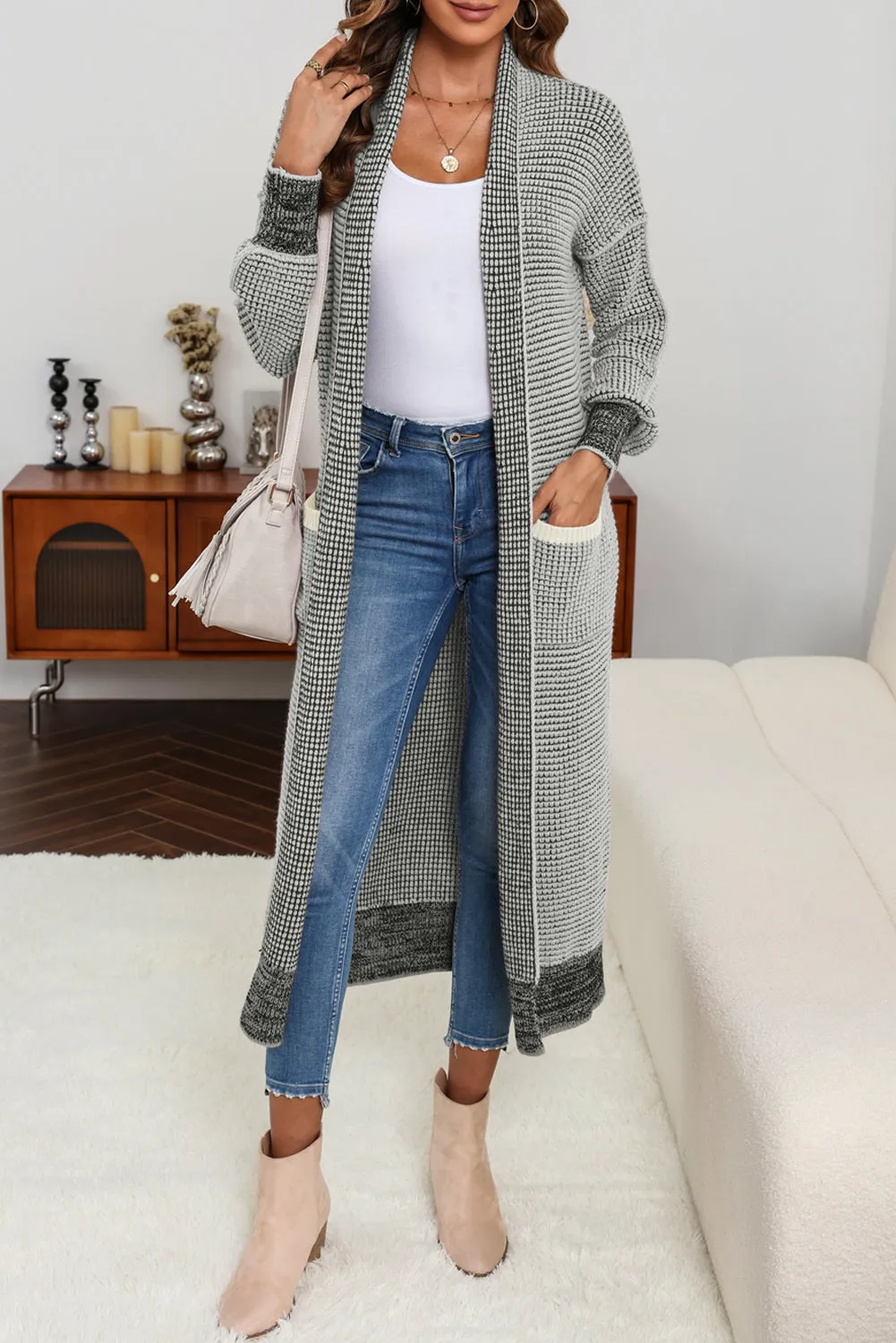 Gray Textured Knit Pocketed Duster Cardigan sold by Beagle Boutique