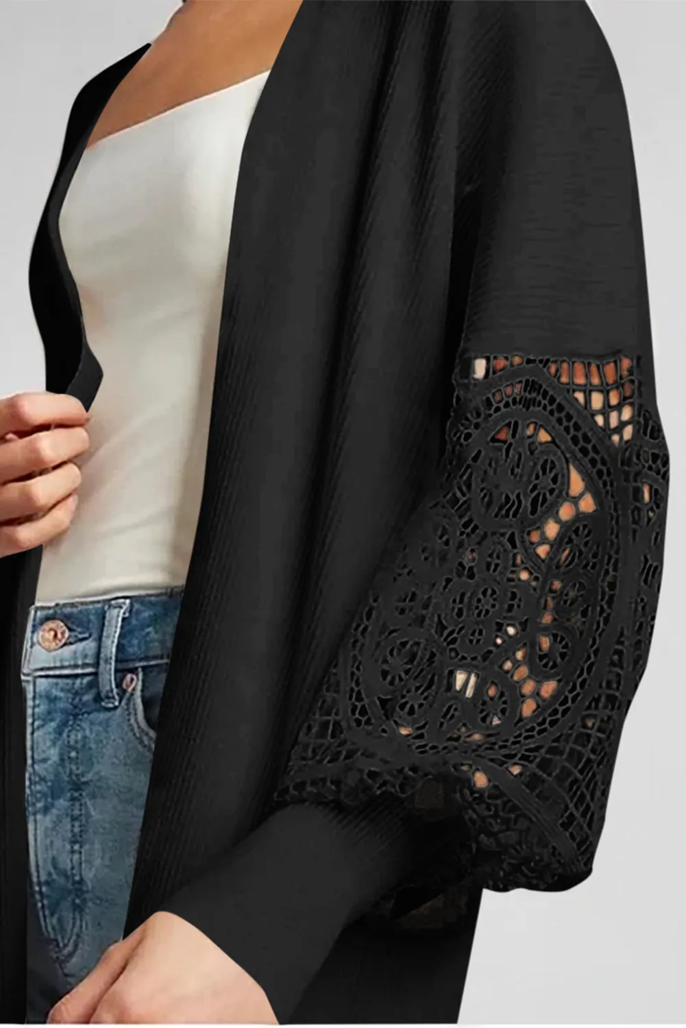 Black Crochet Lace Sleeve Ribbed Knit Cardigan sold by Beagle Boutique product image thumbnail 3