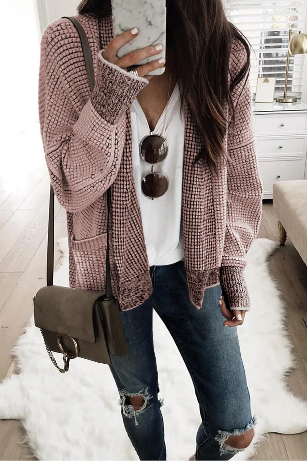 Brown Chunky Waffle Knit Oversized Collar Cardigan sold by Beagle Boutique product image thumbnail 4
