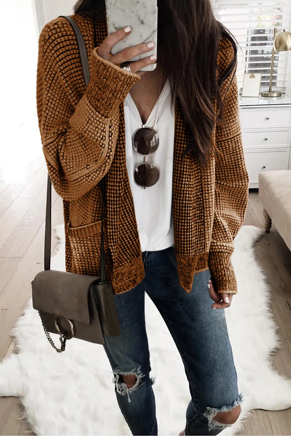Brown Chunky Waffle Knit Oversized Collar Cardigan sold by Beagle Boutique product image thumbnail 2