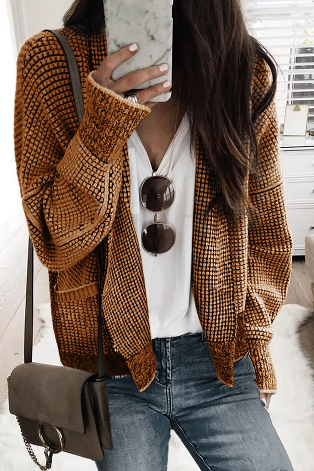 Brown Chunky Waffle Knit Oversized Collar Cardigan sold by Beagle Boutique